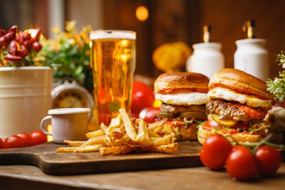Burger, fries, and a cold drink at a local bar and grill