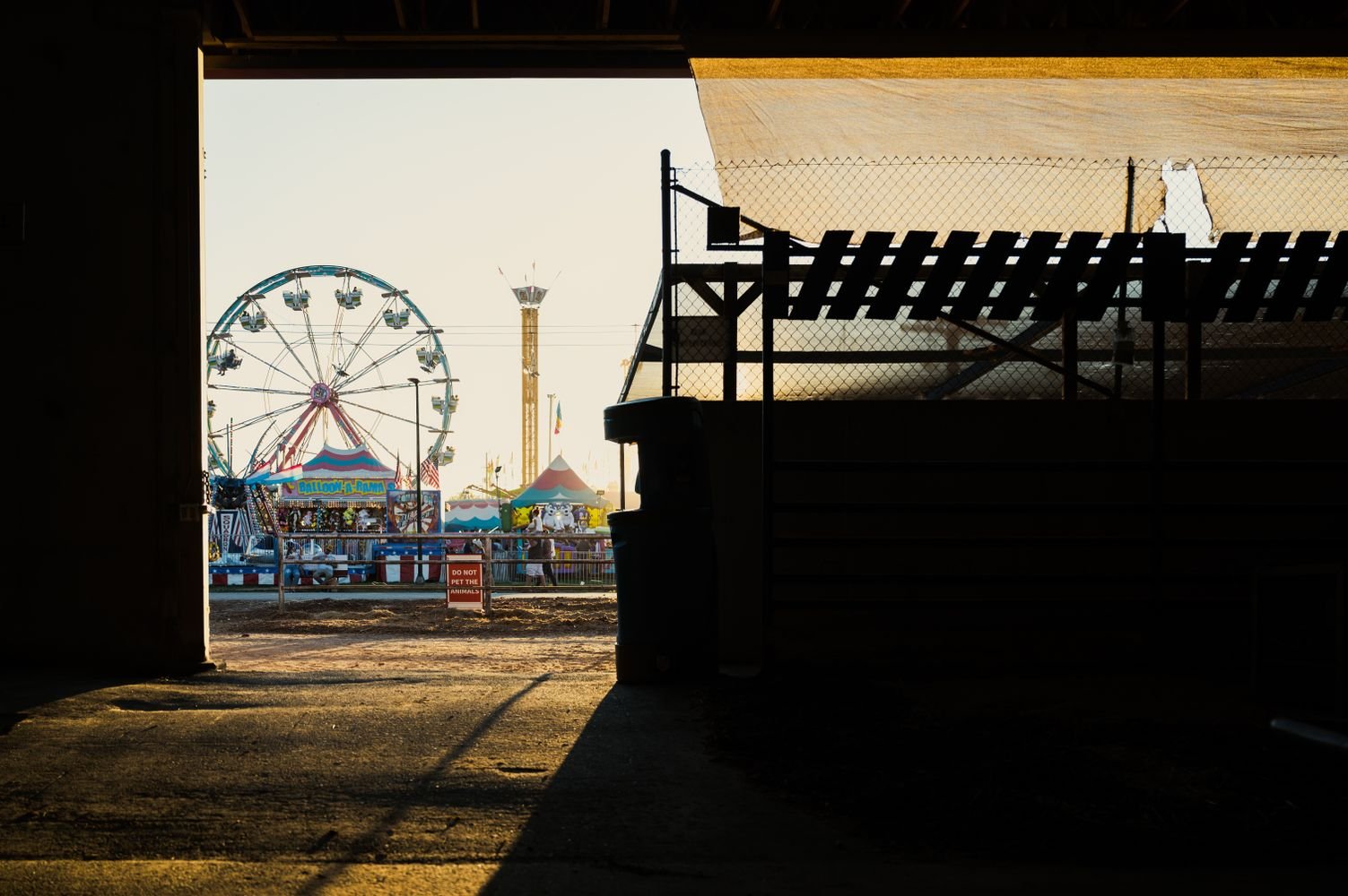 Ferris wheel and fairground rides at dusk