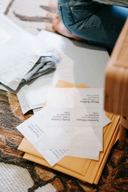 Envelopes and mailing packages ready to send at the post office
