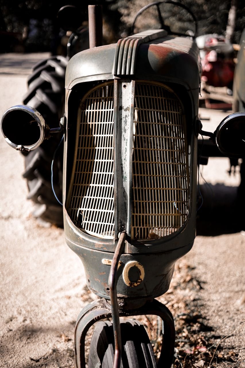 Close-up of a vintage farm tractor grille